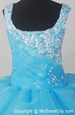 Appliques Strap Forming Scoop Aqua blue Little Girl Pageant Dress