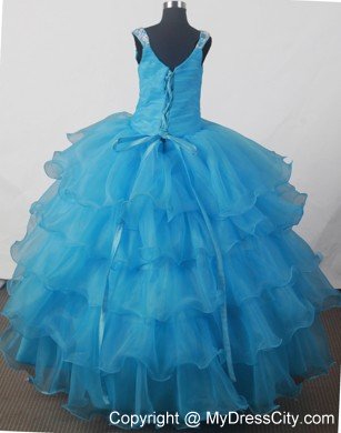 Appliques Strap Forming Scoop Aqua blue Little Girl Pageant Dress