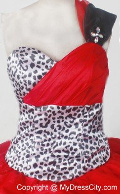 Red One Shoulder Little Girl Dress Made in Leopard Fabric