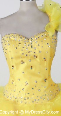 Beading Ruffles One Shouldder Yellow Pageant Dresses for Kids