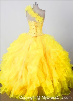 Beading Ruffles One Shouldder Yellow Pageant Dresses for Kids