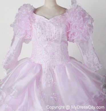 Long Sleeves with Bubble Little Gril Pageant Dress in V-neck