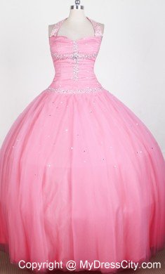 Bead Decorated Ball Gown Halter Hot Pink Little Gril Pageant Dress