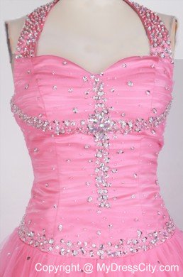 Bead Decorated Ball Gown Halter Hot Pink Little Gril Pageant Dress