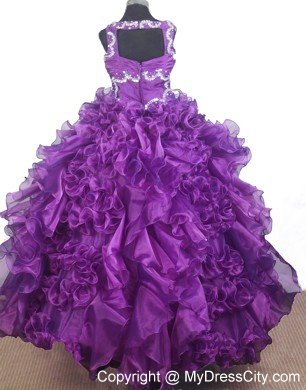 Straps Forming V-neck Little Gril Pageant Dress with Curled Ruffles