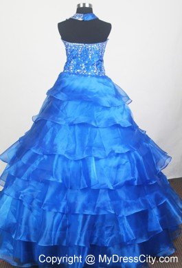 Layered Little Gril Pageant Dress in Blue With Wide Straps