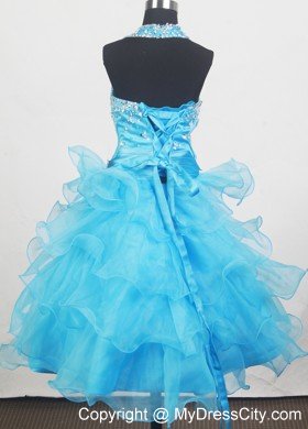 Beaded Halter and Layers Child Pageant Dresses in Aqua Blue