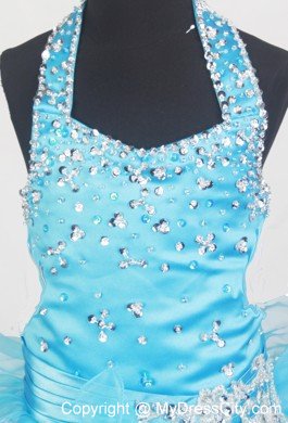 Beaded Halter and Layers Child Pageant Dresses in Aqua Blue