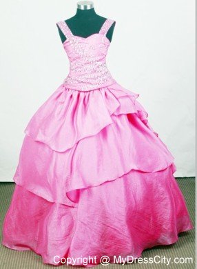 Beaded Decorate Straps Little Girl Pageant Dresses in Hot Pink