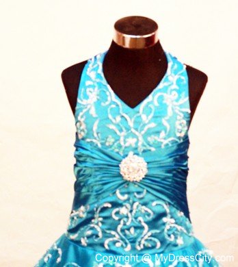 Blue Appliques Halter little girls Beauty Pageant Dresses