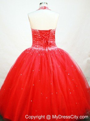 Halter Red Tulle Beaded Decorate Flower Girl Pageant Dress