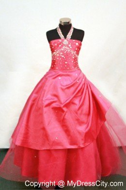 Beaded Halter Tulle Red Flower Girl Pageant Dress with Ball Gown