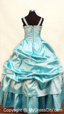 Blue Beaded and Ruche Flower Girl Pageant Dress With Straps