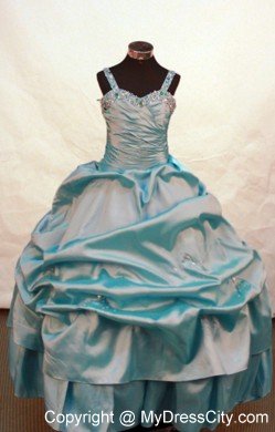 Blue Beaded and Ruche Flower Girl Pageant Dress With Straps