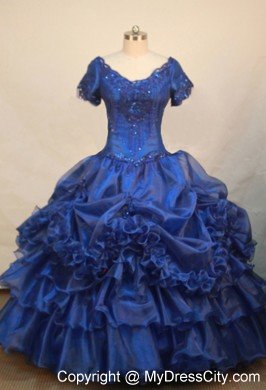 Blue V-neck Short Sleeves Beaded and Ruffled Organza Girl Dress