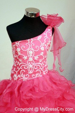 Hot Pink One Shoulder Little Girl Dress With Embroidery and Flower