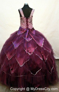 Square Burgundy Beaded Girl Pageant Dress with Layers of Tulle