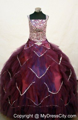 Square Burgundy Beaded Girl Pageant Dress with Layers of Tulle