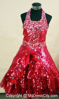 Red Sequined and Beaded Halter Neckline Infant Pageant Dress