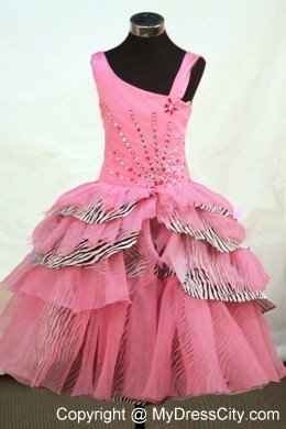 Asymmetrical Neckline Rose Pink Beaded Organza Girl Pageant Dress