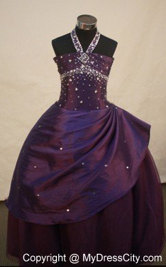 Dark Purple Beaded Halter Top Little Girl Pageant Dress