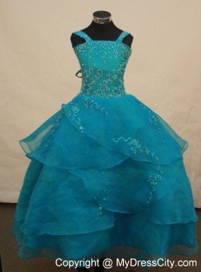 Teal Straps Girl Pageant Dress With Appliques and Layered Organza