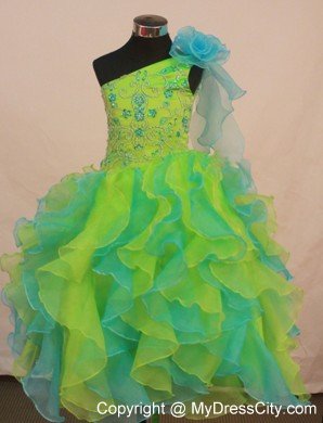Multi-color Beaded Girl Pageant Dress With Ruffles and Flowers
