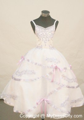 White spaghetti Straps Flower Girl Pageant Dress With Appliques