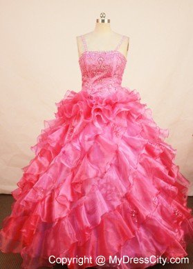 Spaghetti Straps Coral Red Beading and Ruffles Girl Pageant Dress