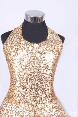 Halter Neck Gold Little Girl Pageant Dresses With Sequins