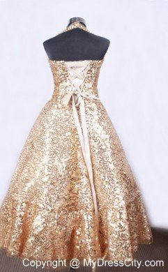 Halter Neck Gold Little Girl Pageant Dresses With Sequins