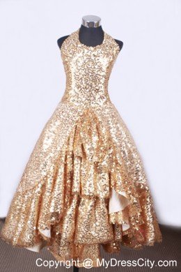 Halter Neck Gold Little Girl Pageant Dresses With Sequins