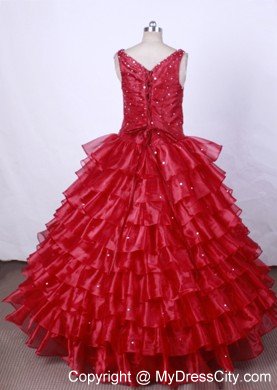 Red Little Girl Pageant Dresses With Ruffled Layers and Beading