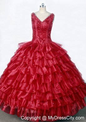 Red Little Girl Pageant Dresses With Ruffled Layers and Beading