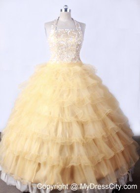 Ruffled Layers and Beading Gold Halter Little Girl Pageant Dresses