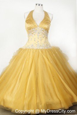 Appliques and Beading Gold Halter Girl Pageant Dresses