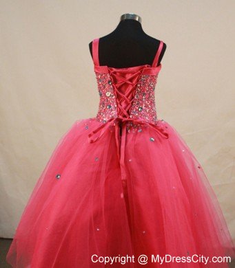 Coral Red Straps Little Girl Pageant Dresses With Beading