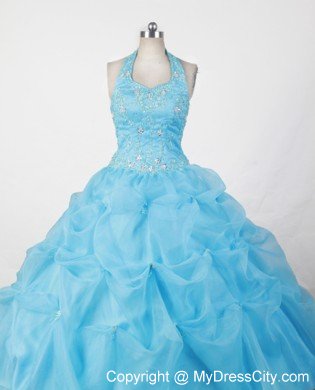 Halter and Baby Blue Appliques Beading Little Girl Pageant Dresses