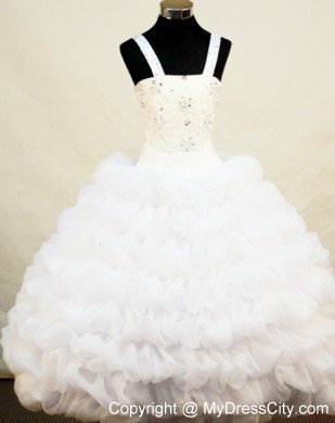 White Straps Girl Pageant Dresses With Ruffled Layers and Beading