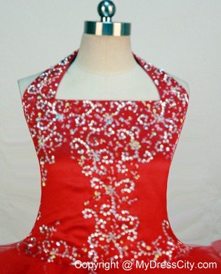 Red Halter Little Girl Dresses With Ruffled Layers and Beading