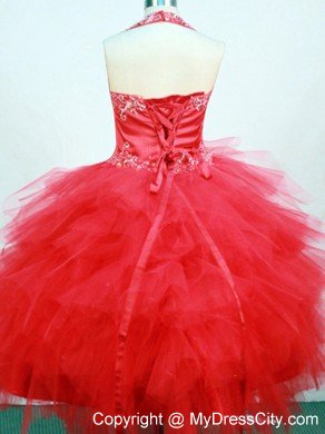 Red Halter Little Girl Dresses With Ruffled Layers and Beading