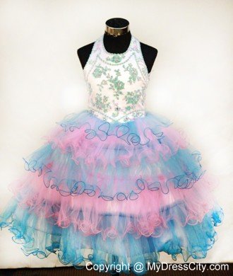 Colorful Halter Girl Pageant Dresses Appliques and Ruffled Layers