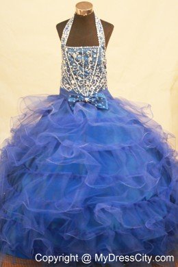 Halter Beading and Bowknot Blue Ruffles Little Girl Pageant Dresses