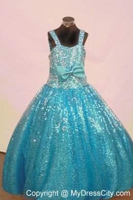 Sequin and Bowknot Aqua Blue Straps Little Girl Pageant Dresses