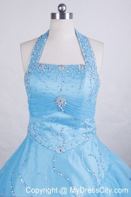 Aqua Blue Little Girl Pageant Dress Halter Beading and Ruffles