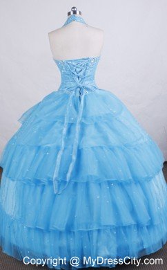 Aqua Blue Little Girl Pageant Dress Halter Beading and Ruffles