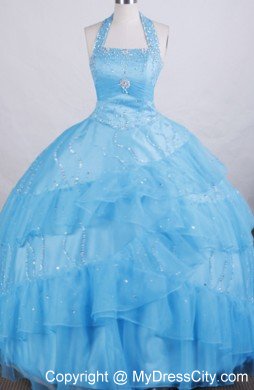 Aqua Blue Little Girl Pageant Dress Halter Beading and Ruffles