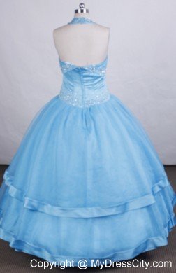 Ball Gown Aqua Blue Halter Beaded Floor-length Glitz Pageant Dress