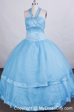 Ball Gown Aqua Blue Halter Beaded Floor-length Glitz Pageant Dress