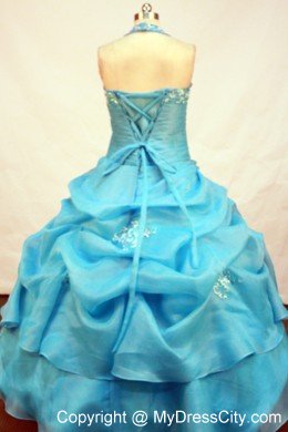 Halter Appliques Ruches Teal Ball Gown Little Girl Pageant Dress